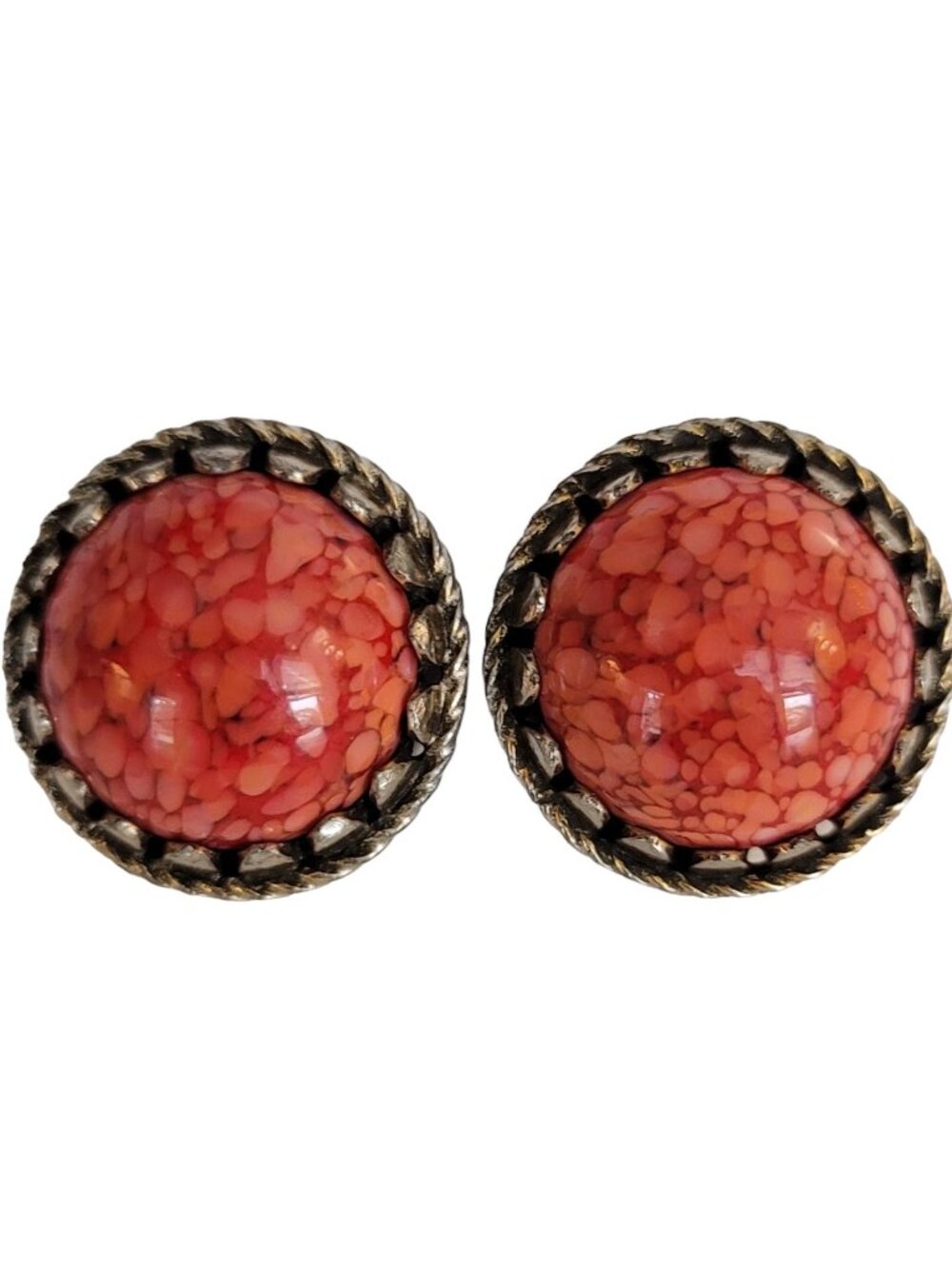 Hollycraft Silver Tone Molded Red Art Glass Cabochon Clip Earrings Signed K950